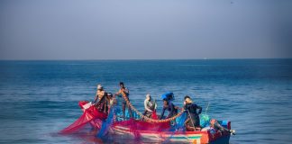 Indian fishermen pulling in nets off the coast of Kerala
