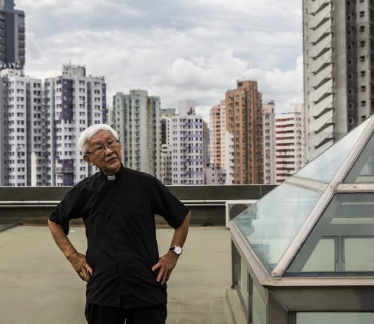 Cardinal Joseph Zen on Hong Kong rooftop
