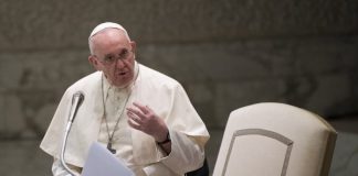 Pope Francis speaks during a private audience