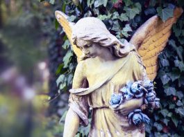 Vintage image of a sad angel against the background of leaves (fragment)