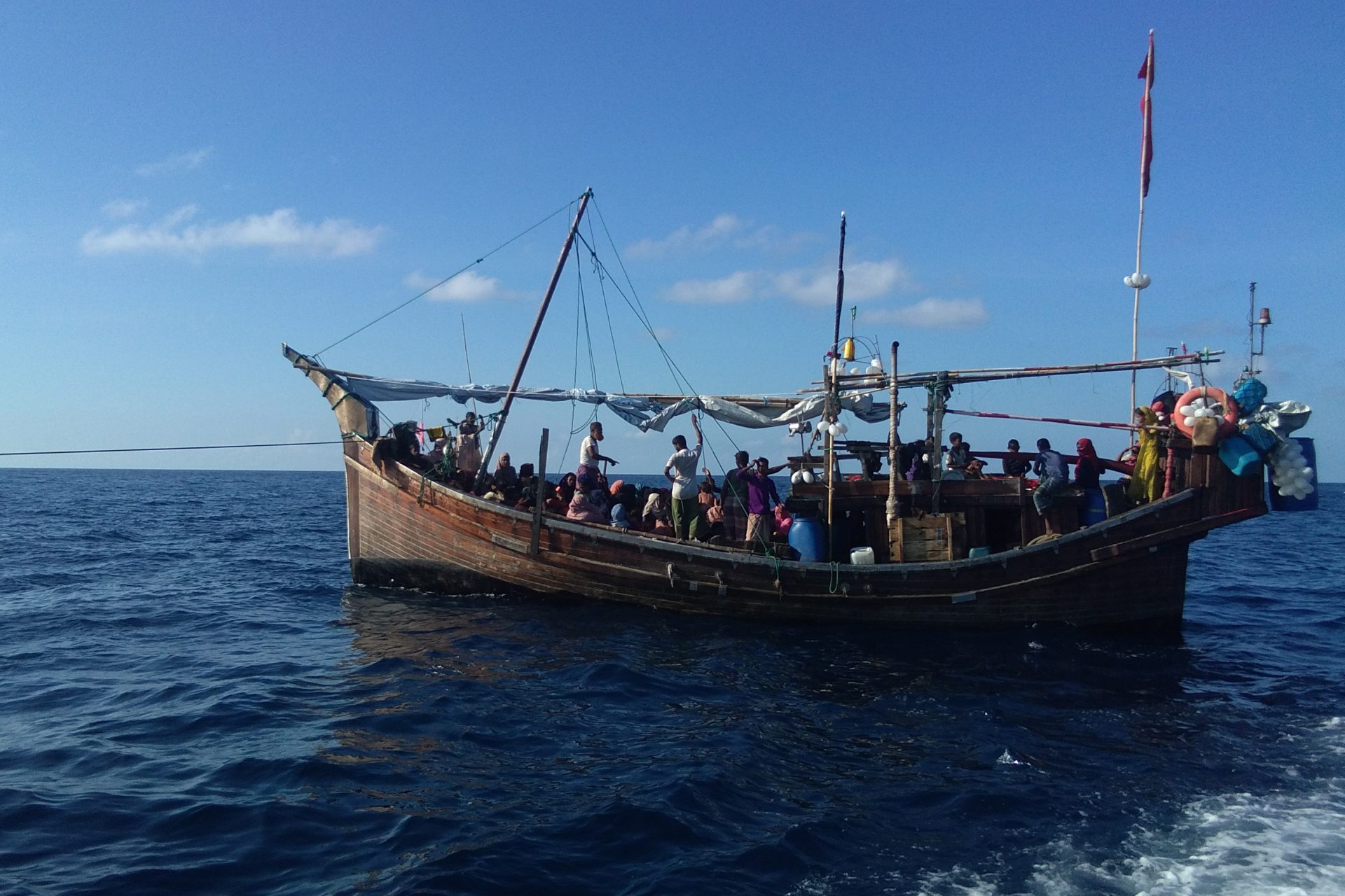 A wooden boat transporting Rohingya refugees in Indonesian waters