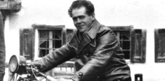 Black and white photo of Blessed Franz Jägerstätter on a motorbike
