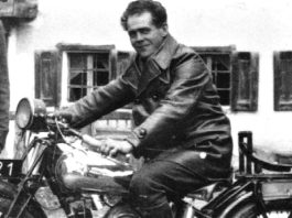 Black and white photo of Blessed Franz Jägerstätter on a motorbike