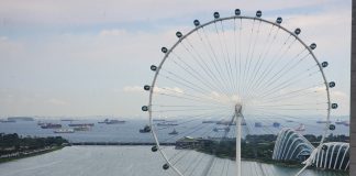 Singapore Flyer observation wheel with cargo ships in the background