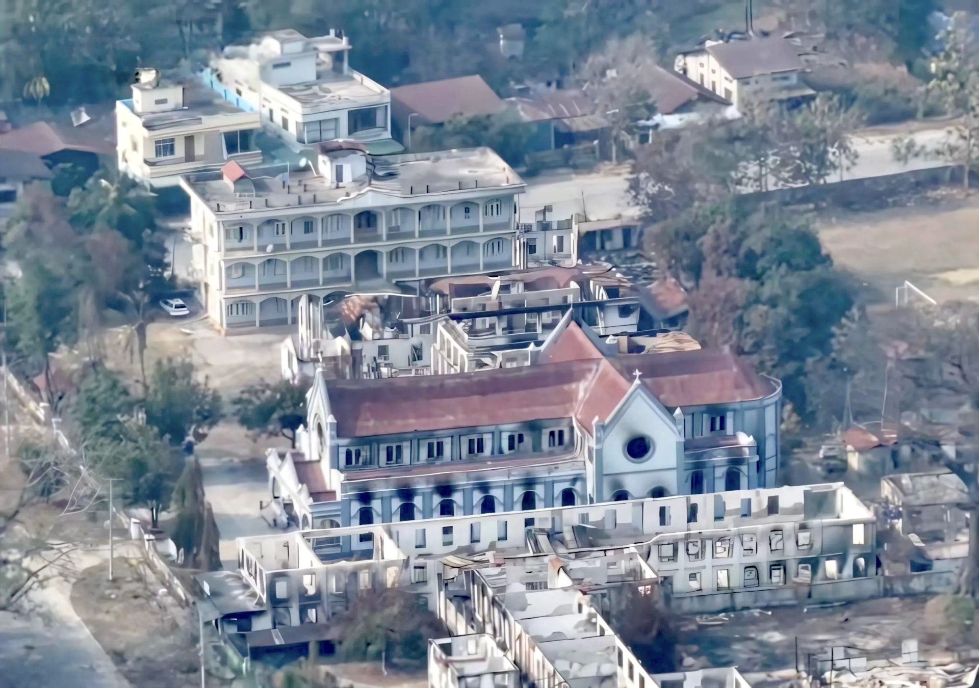 Aerial view of heavily damaged Catholic cathedral in Myanmar