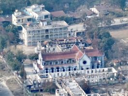 Aerial view of heavily damaged Catholic cathedral in Myanmar