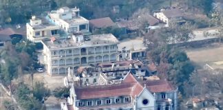 Aerial view of heavily damaged Catholic cathedral in Myanmar
